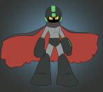  1boy arm_cannon black_cape black_footwear black_gloves black_headwear bodysuit boots cape character_request full_body gloves grey_bodysuit helmet looking_at_viewer male_focus mega_man_(series) muu_(mumumer) red_cape ringed_eyes solo standing weapon yellow_eyes 