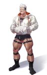  1boy bara black_male_underwear bulge highres jacket male_focus male_underwear muscular muscular_male original selkiro short_hair simple_background smile socks solo teeth thick_thighs thighs underwear white_background white_hair white_jacket 