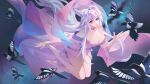  1girl absurdres animal_ears bare_shoulders barefoot bird breasts chinese_clothes choker cleavage fang flying fox_ears galaxy hair_between_eyes highres kirby_d_a large_breasts long_hair long_sleeves looking_at_viewer magpie milky_way open_mouth original soles solo star_(sky) white_hair wide_sleeves 