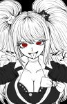  1girl :p bear_hair_ornament bow bra breasts cleavage collarbone danganronpa:_trigger_happy_havoc danganronpa_(series) enoshima_junko hair_ornament hands_up heart heart_print highres jewelry large_breasts mozuku_(iiiiiiimomo) nail_polish necklace open_mouth red_eyes shirt_bow solo spot_color tongue tongue_out twintails underwear 
