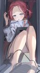 1girl absurdres bad_anatomy bad_feet blue_archive blue_eyes blush braid forehead guree_(haiiro) highres jacket long_hair looking_at_viewer open_mouth red_hair revision sandals solo very_long_hair white_jacket yuzu_(blue_archive) 