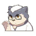  1boy ajin_(hirainaoto1) animal_ears bara beenic chibi cropped_torso dog_boy dog_ears forked_eyebrows furry furry_male grey_fur hand_up looking_ahead lowres male_focus original serious short_hair solo thick_eyebrows v-shaped_eyebrows 