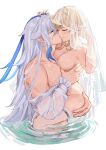  1boy 1girl blonde_hair blue_hair blush breasts carrying closed_eyes genshin_impact grey_hair hetero highres kiss long_hair lumine_(genshin_impact) medium_breasts multicolored_hair neuvillette_(genshin_impact) nude off_shoulder open_clothes open_shirt parted_lips pointy_ears short_hair_with_long_locks simple_background stars4993 thighhighs veil very_long_hair water wet white_background white_thighhighs 