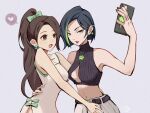  2girls alternate_costume animification belt black_belt black_hair black_nails blush bow breasts brown_eyes china_dress chinese_clothes cleavage_cutout clothing_cutout crop_top cropped_sweater dress earrings green_bow green_hair grey_skirt hair_behind_ear hair_bow hand_on_another&#039;s_waist heart highres holding holding_phone jewelry long_hair looking_ahead looking_at_viewer medium_breasts midriff multicolored_hair multiple_girls navel open_mouth phone ponytail purple_background purple_lips rei1028 sage_(valorant) short_hair sideboob skirt sleeveless sleeveless_sweater smile speech_bubble spoken_heart streaked_hair sweater valorant very_long_hair viper_(valorant) white_dress yuri 