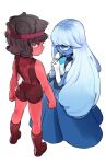  2girls ass back_turned blue_eyes blue_hair blue_skin boots clenched_hands collar colored_skin covered_navel dress english_commentary headband looking_back multiple_girls one-eyed own_hands_clasped own_hands_together red_eyes red_headband red_skin ruby_(steven_universe) sapphire_(steven_universe) shortstack simple_background standing steven_universe white_background yutaka7 