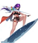  1girl armband bare_shoulders belt bikini breasts closed_mouth fingerless_gloves fire_emblem fire_emblem:_three_houses fire_emblem_heroes fire_emblem_warriors:_three_hopes full_body gloves hair_ornament hair_over_one_eye highres holding holding_weapon long_hair medium_breasts navel non-web_source official_art purple_eyes purple_hair see-through shez_(female)_(fire_emblem) shez_(fire_emblem) smile solo stomach surfboard swimsuit thigh_strap toeless_footwear transparent_background water water_drop weapon 