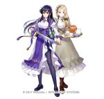  2girls apron asatani_tomoyo ayra_(fire_emblem) black_footwear black_hair blonde_hair breasts brown_footwear brown_pantyhose commentary_request cup dress fire_emblem fire_emblem:_genealogy_of_the_holy_war fire_emblem:_three_houses fire_emblem_heroes flower frilled_apron frills full_body grey_apron holding holding_sword holding_tray holding_weapon juliet_sleeves loafers long_hair long_sleeves looking_at_viewer maid maid_headdress medium_breasts mercedes_von_martritz multiple_girls official_alternate_costume official_art pantyhose puffy_sleeves purple_apron purple_eyes purple_flower purple_pantyhose purple_rose rose shoes simple_background smile standing sword teacup teapot tray very_long_hair waist_apron weapon white_background white_dress 