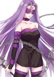  12_hnt 1girl bare_shoulders black_dress black_sleeves black_thighhighs blindfold chain closed_mouth collar collarbone commentary_request detached_sleeves dress facial_mark fate/stay_night fate_(series) forehead forehead_mark highres holding holding_weapon long_hair medusa_(fate) medusa_(rider)_(fate) nameless_dagger_(fate) purple_blindfold purple_collar purple_hair simple_background solo strapless strapless_dress thighhighs very_long_hair weapon white_background 