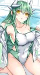  1girl alternate_costume bare_shoulders barefoot blush breasts collarbone commentary_request competition_swimsuit dragon_girl dragon_horns fate/grand_order fate_(series) green_hair hand_in_own_hair highres horns jacket kiyohime_(fate) kneeling large_breasts long_hair long_sleeves looking_at_viewer morizono_shiki off_shoulder one-piece_swimsuit open_clothes open_jacket parted_lips pool smile solo strap_pull swimsuit thighs two-tone_swimsuit water white_jacket yellow_eyes 
