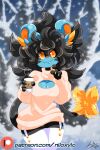  2021 anthro big_hair black_hair blue_body blue_fur breasts clawed_fingers cleavage cleavage_cutout clothed clothing coffee_cup container cup female forest fur garter_straps generation_4_pokemon hair hamsteroftime hi_res legwear luxray multicolored_body multicolored_fur nintendo plant pokemon pokemon_(species) red_sclera signature smile snow snowing solo stockings sweater tail text topwear tree two_tone_body two_tone_fur url yellow_eyes yellow_inner_ear 