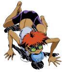  1girl all_fours barefoot bike_shorts blush_stickers bowl cowboy_bebop dark-skinned_female dark_skin edward_wong_hau_pepelu_tivrusky_iv full_body goggles midriff mouth_hold non-web_source official_art pet_bowl photoshop_(medium) red_hair short_hair simple_background solo tomboy white_background 