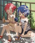  2girls ahoge bare_shoulders black_shorts blue_hair character_name closed_eyes collarbone commentary_request dated day double_bun dress fang flat_chest food full_body gochuumon_wa_usagi_desu_ka? hair_bun hairband handheld_fan highres holding holding_food jouga_maya knees_together_feet_apart looking_down mohei multiple_girls natsu_megumi no_socks open_mouth outdoors papico_(ice_cream) plaid plaid_dress red_hair sandals short_hair shorts sidelocks sitting skin_fang smile strap_slip striped_tank_top tank_top tree_shade white_hairband white_tank_top yellow_dress yellow_eyes 