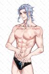  1boy abs black_male_swimwear blue_hair dottore_(genshin_impact) forehead genshin_impact highres long_hair male_focus male_swimwear muscular muscular_male nipples red_eyes rourouki sharp_teeth smile teeth topless_male 