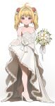  1girl absurdres ahoge alternate_costume bare_shoulders blonde_hair blue_archive blush bouquet breasts bride brown_eyes cleavage closed_mouth clothes_lift collarbone commentary_request detached_sleeves dress dress_lift flower full_body gloves hair_flower hair_ornament halo heel_up high_heels highres holding holding_bouquet medium_hair momocadraw red_flower red_rose rose see-through see-through_sleeves simple_background small_breasts smile solo tiara twintails wedding_dress white_background white_dress white_flower white_footwear white_gloves white_rose yoshimi_(blue_archive) 