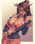  1girl bangs blush breasts brown_eyes cleavage dark-skinned_female dark_skin demon_horns dracksart hair_bun highres horns jacket jacket_tug large_breasts looking_at_viewer midriff_peek navel open_clothes open_jacket open_mouth original pants parted_bangs pink_horns purple_hair single_hair_bun sports_bra steam steaming_body sweat unzipping upper_body yoga_pants 