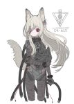  1girl 621_(armored_core_6) absurdres animal_ear_fluff animal_ears armored_core armored_core_6 bandage_over_one_eye bandaged_arm bandaged_hand bandaged_head bandaged_leg bandages cable character_name closed_mouth commentary_request cropped_legs expressionless floating_hair fox_ears fox_girl fox_tail helmet highres holding holding_cable holding_helmet izayoi_cha long_hair looking_ahead pilot_suit red_eyes science_fiction sidelocks simple_background solo tail unworn_headwear unworn_helmet white_background white_hair 