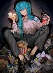  1girl a604531378 bag_of_chips black_footwear black_pants blue_eyes blue_hair bucket_of_chicken burger cake cake_slice can candy candy_wrapper chips_(food) chocolate_cake closed_mouth collared_shirt cup disposable_cup eating food hatsune_miku high-waist_pants highres holding holding_cake holding_food jelly_bean loafers long_hair looking_at_viewer pants pastry_box pizza pizza_box potato_chips scone shirt shirt_tucked_in shoes sidelocks sitting solo too_much_food very_long_hair vocaloid white_shirt 