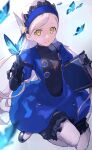  1girl black_gloves blue_butterfly blue_dress blue_hairband blurry book bug butterfly butterfly_on_hand commentary_request depth_of_field dress gloves hairband highres holding holding_book lavenza_(persona_5) long_hair looking_at_viewer mia_cbx pantyhose parted_lips persona persona_5 solo upper_body white_hair white_pantyhose yellow_eyes 