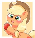  2022 absurd_res accessory apple applejack_(mlp) blonde_hair blush clothing cowboy_hat cutie_mark digital_media_(artwork) earth_pony equid equine eyebrow_through_hair eyebrows female feral food freckles friendship_is_magic fruit fur green_eyes hair hair_accessory hair_tie hasbro hat headgear headwear hi_res holding_food holding_object horse leo19969525 mammal my_little_pony open_mouth open_smile orange_body orange_fur plant pony smile solo tail translucent translucent_hair yellow_tail 