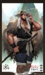  1boy absurdres adjusting_clothes adjusting_headwear arm_hair asian bara beard biceps black_kimono chest_hair facial_hair feet_out_of_frame forearms gourd hair_between_eyes hair_bun hairy hand_up hat highres holding holding_stick japanese_clothes kimono large_pectorals leg_hair male_focus mature_male mountain muscular muscular_male mustache original pants pants_rolled_up pectoral_cleavage pectorals powerlesssong realistic short_hair short_kimono smile solo stick straw_cape straw_hat thick_eyebrows towel towel_around_neck translation_request veins veiny_hands wading 