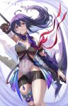  1girl ahoge arm_scarf arm_up bare_shoulders black_shorts breasts bug butterfly covered_navel grin hair_between_eyes highres holding holding_scythe honkai:_star_rail honkai_(series) looking_at_viewer medium_breasts purple_butterfly purple_eyes purple_hair purple_scarf scarf scythe seele_(honkai:_star_rail) short_shorts shorts sidelocks silvertsuki smile solo thighs whirlwind white_background 