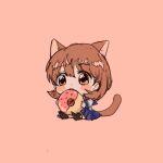  1girl alternate_costume animal_ears black_footwear blue_skirt blush_stickers brown_eyes brown_hair brown_tail cat_ears cat_tail chibi commentary_request doughnut earrings eyelashes food full_body hair_between_eyes highres holding holding_food jewelry looking_to_the_side medium_hair open_mouth persona persona_3 pink_background pleated_skirt school_uniform sitting sketch skirt solo stud_earrings tail takeba_yukari yuyuy_00 