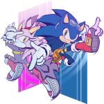  1boy 1girl blaze_the_cat blue_fur bodysuit cat_girl cat_tail forehead_jewel gloves green_eyes hand_gesture highres looking_at_viewer nigmafrankie purple_fur smirk sonic_(series) sonic_riders sonic_rush sonic_the_hedgehog tail yellow_eyes 