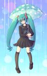  1girl black_footwear black_serafuku black_socks blue_background blue_eyes blue_hair glasses hatsune_miku highres holding holding_umbrella kimarin kneehighs pleated_skirt polka_dot polka_dot_umbrella school_uniform serafuku skirt smile socks solo star_(symbol) twintails umbrella vocaloid 