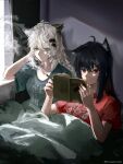  2girls absurdres ahoge animal_ears arknights bed black_hair blue_eyes book cigarette great_lungmen_logo green_shirt highres holding holding_cigarette indoors lappland_(arknights) messy_hair multiple_girls open_book orange_eyes reading red_shirt runamonet shirt sitting smoke smoking t-shirt texas_(arknights) twitter_username white_hair window wolf_ears wolf_girl 