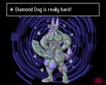  4_toes 5_fingers abs annaengine anthro balls barefoot biceps big_penis blue_body blue_nipples blue_penis blue_tongue canid canine canis claws crystal crystal_creature diamond_(gem) diamond_dog_(earthbound) digital_drawing_(artwork) digital_media_(artwork) domestic_dog earthbound_(series) elemental_creature english_text erection feet fingers foreskin fur gem gem_eyes genitals green_body hands_on_hips hi_res humanoid_genitalia humanoid_penis looking_up male mammal mineral_fauna multicolored_balls multicolored_body multicolored_penis multicolored_tail muscular muscular_anthro muscular_male navel nintendo nipples no_pupils nude open_mouth pecs penis sharp_teeth simple_background smile solo sparkles spikes spikes_(anatomy) standing tail teeth text toe_claws toes tongue tongue_out vein veiny_penis 