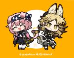  2girls animal_ear_fluff animal_ears arknights black_headband black_jacket black_shirt black_skirt blonde_hair bright_pupils brown_hair brown_shorts cat_ears cat_girl cat_tail character_name chibi closed_eyes clothes_around_waist coat colored_tips commentary dog-san full_body fur-trimmed_jacket fur_trim goldenglow_(arknights) headband highres infection_monitor_(arknights) intertwined_tails jacket jacket_around_waist lightning_bolt_print medium_hair messy_hair multicolored_hair multiple_girls open_mouth orange_background parted_bangs pink_coat pink_hair quercus_(arknights) scottish_fold shirt short_hair shorts signature simple_background skirt tail thighhighs white_background white_pupils yellow_eyes 