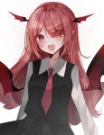  1girl :d absurdres bat_wings blush breasts eyes_visible_through_hair hair_over_one_eye head_wings highres koakuma long_hair medium_breasts necktie open_mouth pointy_ears red_eyes red_hair red_necktie shion_343 shirt smile solo sparkle touhou upper_body v-shaped_eyebrows very_long_hair wing_collar wings 