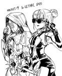  2girls adjusting_eyewear animification apex_legends ash_(titanfall_2) bodysuit cropped_jacket gloves gravity_maw hair_bun hand_on_eyewear holding_mace hood hood_up hooded_jacket horizon_(apex_legends) humanoid_robot jacket lethal_lass_horizon looking_at_viewer mace mononobex multiple_girls official_alternate_costume project_19_ash robot round_eyewear simple_background single_hair_bun sketch spiked_mace spikes sunglasses weapon white_background 