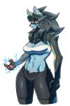  anthro azuu black_body black_fur black_hair breasts female fur generation_4_pokemon hair hi_res looking_at_viewer luxray nintendo pokemon pokemon_(species) red_sclera simple_background solo sportswear yellow_eyes 