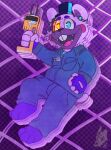  1amwolfram bear blue_eyes buckteeth clothing digital_media_(artwork) electroshock_weapon fingerless_gloves five_nights_at_freddy&#039;s:_security_breach_ruin gloves handwear hat headgear headwear helpi_(fnaf) hi_res male mammal no_shading open_mouth pattern_background purple_background scottgames simple_background solo taser teeth watermark weapon 