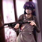  1girl absurdres apron blood blood_on_clothes blood_splatter brown_jacket epakim gun highres holding holding_weapon hoshino_ai_(oshi_no_ko) jacket long_hair mossberg_590 nervous oshi_no_ko pump_action purple_eyes purple_hair shadow shotgun smoke smoking_gun solo sparkling_eyes weapon white_apron 