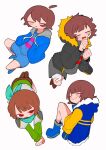  4others ahoge androgynous bandaged_leg bandages bandaid bandaid_on_face blue_footwear blue_hoodie blue_sweater blunt_bangs blush_stickers bow chara_(undertale) clenched_hands closed_eyes detached_ahoge expressionless floating frisk_(undertale) full_body green_bow green_sweater grey_jacket hands_in_pockets highres hood hoodie jacket multiple_others no_nose original red_eyes short_hair smile striped striped_sweater sweatdrop sweater tadeno undertale white_background 