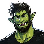  1:1 2023 avantaberrant beard black_beard black_clothing black_eyebrows black_eyes black_hair black_shirt black_topwear clothing eyebrows facial_hair green_body green_skin hair humanoid humanoid_pointy_ears looking_at_viewer male orc shirt short_hair simple_background smile smiling_at_viewer solo teeth_showing topwear tusks white_background 