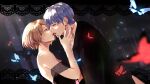  1boy 1girl absurdres bare_shoulders black_jacket blue_hair breasts brown_hair bug butterfly commentary commission curtains dress hetero highres imminent_kiss jacket kaito_(vocaloid) medium_breasts meiko_(vocaloid) off-shoulder_dress off_shoulder short_hair solo vocaloid yen-mi 