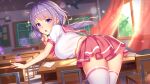  1girl blurry blurry_background blush breasts chair classroom curtains desk dutch_angle highres indoors large_breasts long_hair looking_at_viewer looking_back miniskirt open_mouth pleated_skirt pretty_angel purple_eyes purple_hair sailor_collar school_chair school_desk school_uniform shirt short_sleeves skirt solo thighhighs thighs white_shirt window zettai_ryouiki 