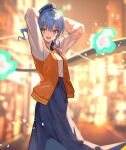  1girl :d arms_behind_head backlighting bare_arms blue_eyes blue_hair blue_skirt blush casual headphones headphones_around_neck highres hololive hoshimachi_suisei jacket long_hair long_skirt long_sleeves looking_at_viewer open_clothes open_jacket open_mouth orange_jacket outdoors ponytail shirt skirt smile solo sweater virtual_youtuber white_shirt white_sweater xyunx 