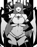 1girl absurdres ahoge ass_visible_through_thighs bikini blunt_bangs breasts bridal_gauntlets chest_tattoo choker collarbone cowboy_shot demon_girl demon_horns demon_tail demon_wings fangs greyscale hand_on_own_hip heart highres horns large_breasts long_hair looking_at_viewer mole mole_under_eye monochrome navel open_mouth original pointy_ears solo swimsuit tail tattoo teeth thighhighs tongue v wings yones81239278 
