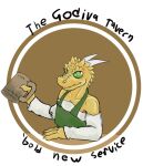  2014 4_fingers anthro barmaid clothing dnd_homebrew female fingers flat_chested green_eyes green_sclera horn kobold mca_jabberwocky pupils rezzic scales scalie solo standing tankard yellow_body yellow_scales 