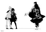  1boy 2girls absurdres blunt_bangs cellphone clenched_teeth ear_piercing frown full_body getou_suguru getou_suguru_(kenjaku) greyscale hair_bun hair_pulled_back hand_up highres holding holding_phone japanese_clothes jujutsu_kaisen kesa kimono long_hair long_skirt long_sleeves miniskirt monochrome multiple_girls phone piercing sandals school_uniform serafuku shiba_twst_69 shoes short_hair_with_long_locks simple_background skirt smartphone smile socks stitches teeth twitter_username wide_sleeves 