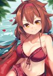  1girl ahoge alternate_hairstyle bikini bikini_skirt blurry blurry_foreground blush breasts brown_hair cleavage commentary_request daiwa_scarlet_(trifle_vacation)_(umamusume) daiwa_scarlet_(umamusume) front-tie_bikini_top front-tie_top hair_between_eyes hair_flaps hairband highres kantai_collection large_breasts looking_at_viewer navel ocean outdoors red_bikini red_hairband red_innertube shiratsuyu_(kancolle) smile solo swimsuit trait_connection twintails umamusume v-shaped_eyebrows water yasume_yukito yellow_eyes 