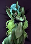  anthro aurora_(kamikazekit) bedroom_eyes black_sclera blue_hair blue_markings breasts clothed clothing clothing_aside ear_piercing female fin fish flashing flashing_pussy genitals green_body green_eyes green_hair green_markings hair hands_behind_head hi_res inviting kilbi licking licking_lips lingerie lying marine markings midriff multicolored_hair multicolored_markings narrowed_eyes navel non-mammal_breasts on_back open_mouth panties panties_aside panties_down partially_clothed piercing pussy seductive shark solo teeth tongue tongue_out underwear underwear_aside underwear_down 