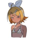  1girl ahoge bikini blonde_hair blue_eyes blush bow closed_mouth collarbone crack_of_light cropped_torso doppelschwert flat_chest flipped_hair frown furrowed_brow hair_bow hair_ornament hairclip half-closed_eyes headphones highres kagamine_rin looking_at_viewer narrowed_eyes polka_dot polka_dot_bikini short_hair simple_background solo swept_bangs swimsuit tan tanlines vocaloid white_background white_bikini white_bow 