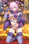  1girl animal_ears bare_shoulders blurry blurry_background blush boots breasts elbow_gloves eyes_visible_through_hair fate/grand_order fate_(series) full_body fur-trimmed_boots fur-trimmed_gloves fur_trim gloves hair_over_one_eye halloween hands_up highres kamo_ashi kneeling large_breasts looking_at_viewer mash_kyrielight mash_kyrielight_(dangerous_beast) navel open_mouth pink_hair purple_eyes purple_footwear purple_gloves short_hair smile solo thigh_boots thighs 