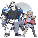  1boy animal_ears arknights bara belt black_tank_top chain_necklace character_request dog_tags facial_hair full_body furry furry_male goatee graysheartart highres jewelry large_hands large_pectorals leg_belt male_focus mountain_(arknights) muscular muscular_male necklace pectorals pokemon pokemon_(creature) scar scar_across_eye scar_on_arm short_hair sidepec spikes standing tank_top thick_eyebrows thick_thighs thighs tiger_boy tiger_ears white_hair 