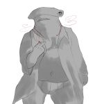  2016 5_fingers anthro belly briefs cigarette clothed clothing coat digital_drawing_(artwork) digital_media_(artwork) fingers fish front_view frown gills ground_shark hammerhead_shark holding_object looking_aside male marine nobodyshouse open_clothing open_coat open_frown open_mouth open_topwear overweight overweight_male portrait shark sharp_teeth simple_background smoke smoking solo standing teeth three-quarter_portrait topwear trenchcoat underwear white_background 